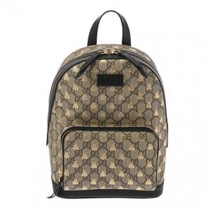 GUCCI GG Supreme Backpack Bee Greige Brown Gray Black Leather Daypack